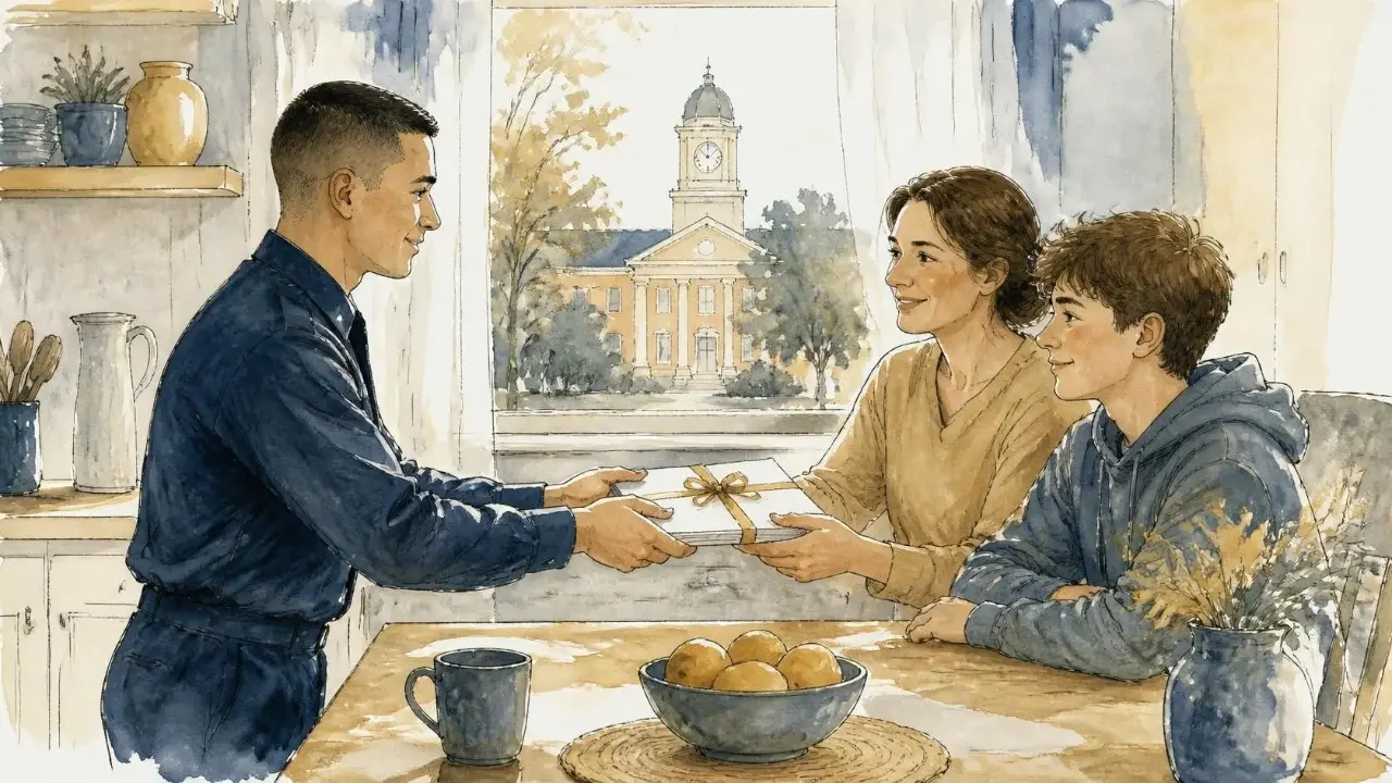 Watercolor illustration of a service member handing a ribbon-tied document across a kitchen table to a spouse and teenage child, with a college clock tower through the window
