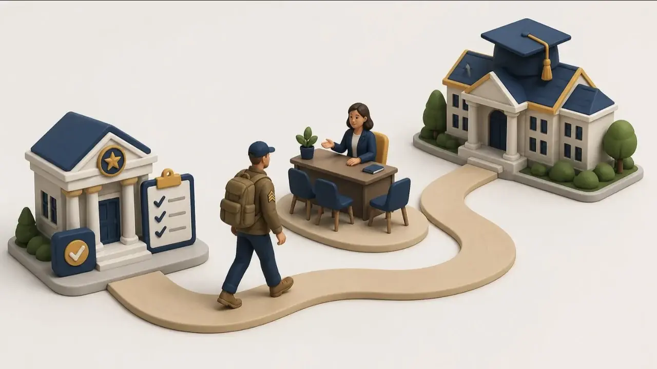 Illustration of a veteran walking a path from a VA office, past a counselor's desk, to a college campus