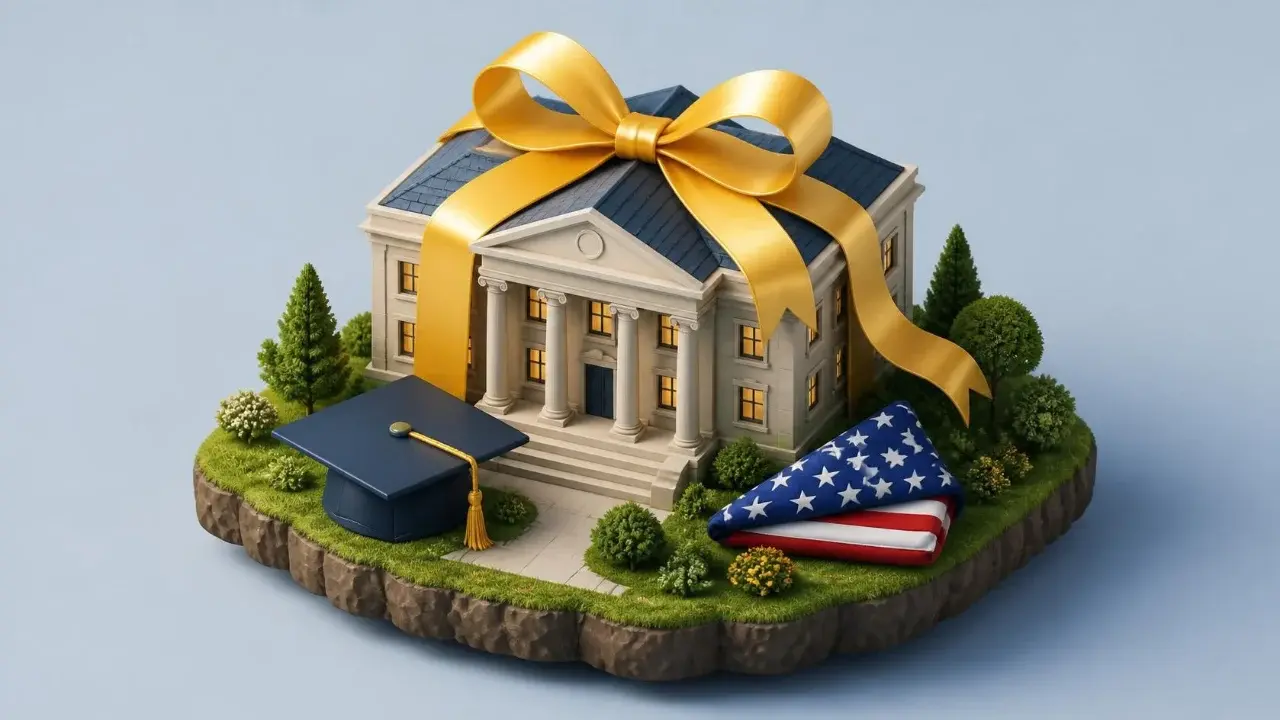 3D illustration of a university building wrapped in a gold ribbon, with a graduation cap and a folded American flag on the lawn